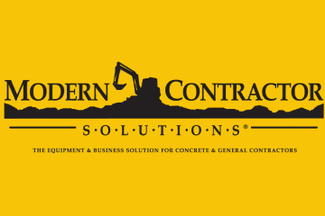 Logo for Modern Contractor Solutions featuring a black silhouette of an excavator above the company name on a yellow background, with the tagline The Equipment & Business Solution for Concrete & General Contractors.